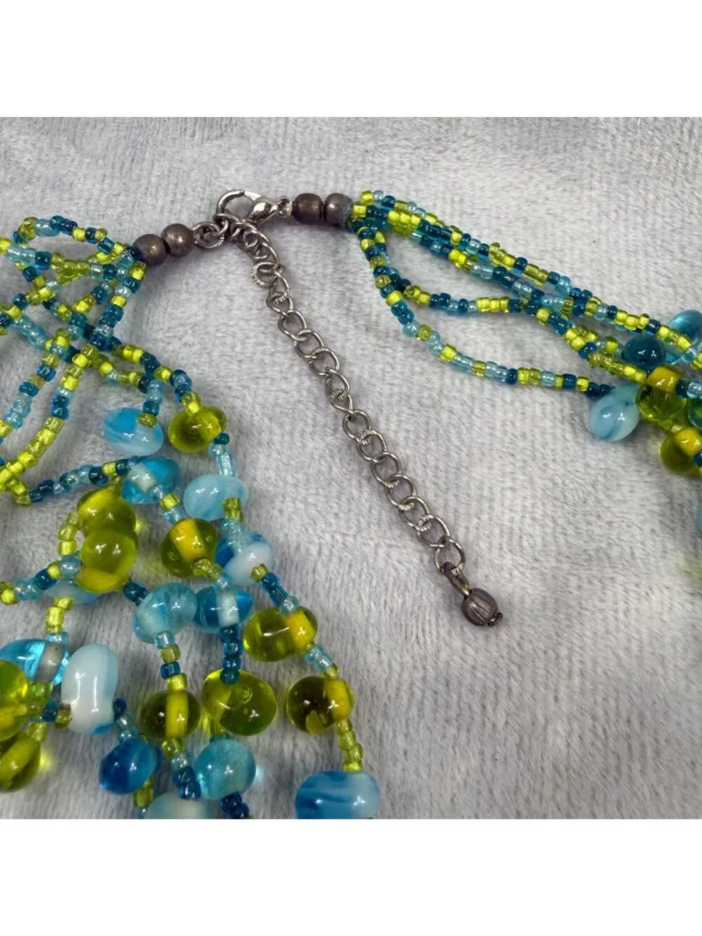 Multistrand Blue & Green Glass Beaded Necklace - Statement Piece Women Vintage